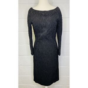 VTG Dynasty Black Beaded Midi Cocktail Dress Sz 12 Boatneck Long Sleeves Texture